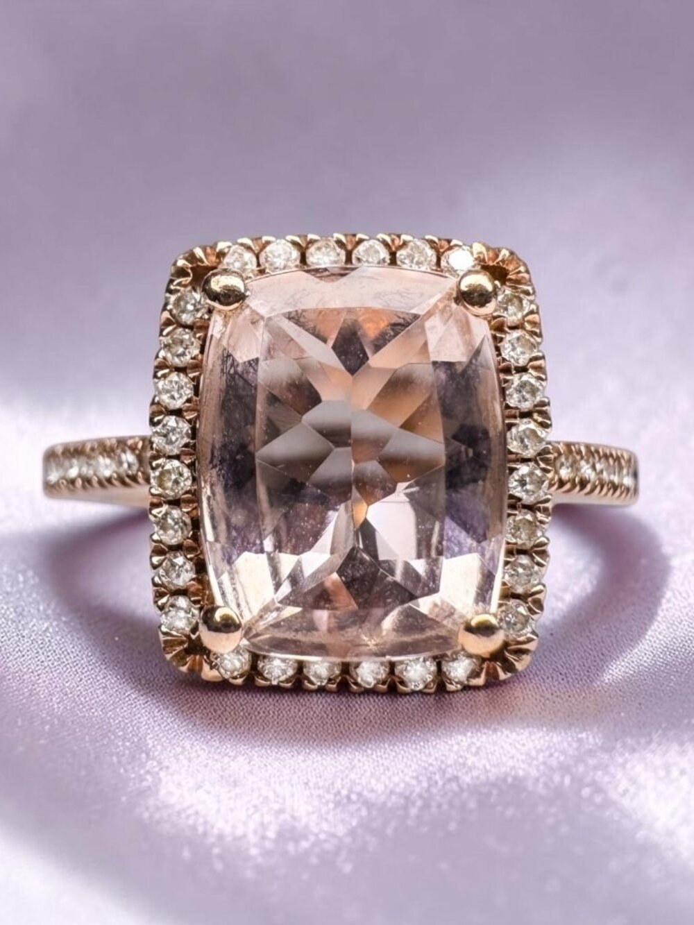 10K Rose Gold Natural Morganite & Halo Diamond Ring 2.5CT Size 4.5 Emerald Cut